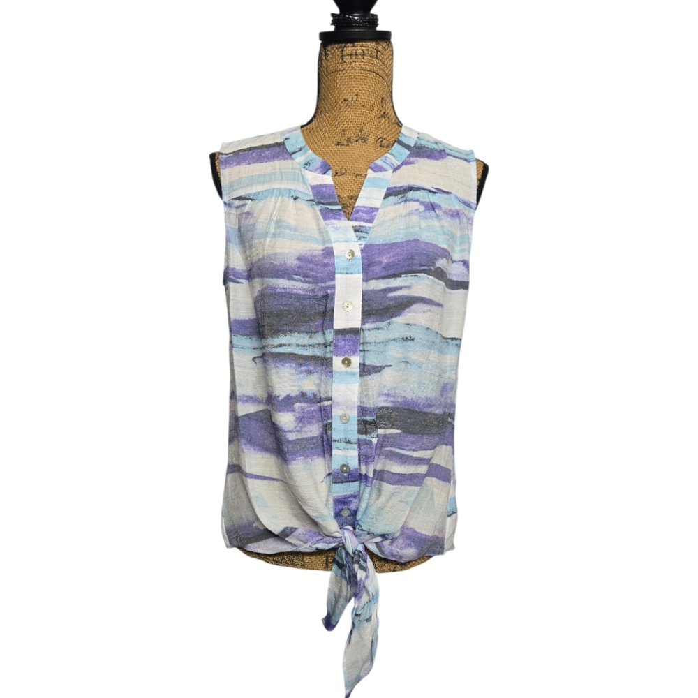 Zac & Rachel Sleeveless Button-Down Blouse Shirt Top Sz Medium White Purple Blue